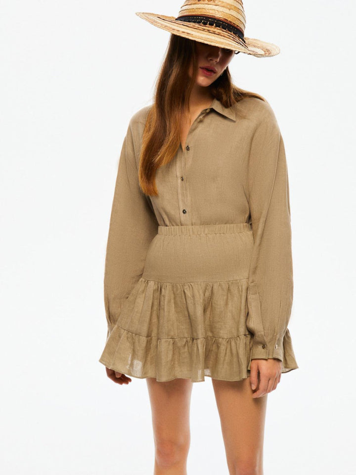 Tiered Mini Linen Skirt - Beige - Skirt