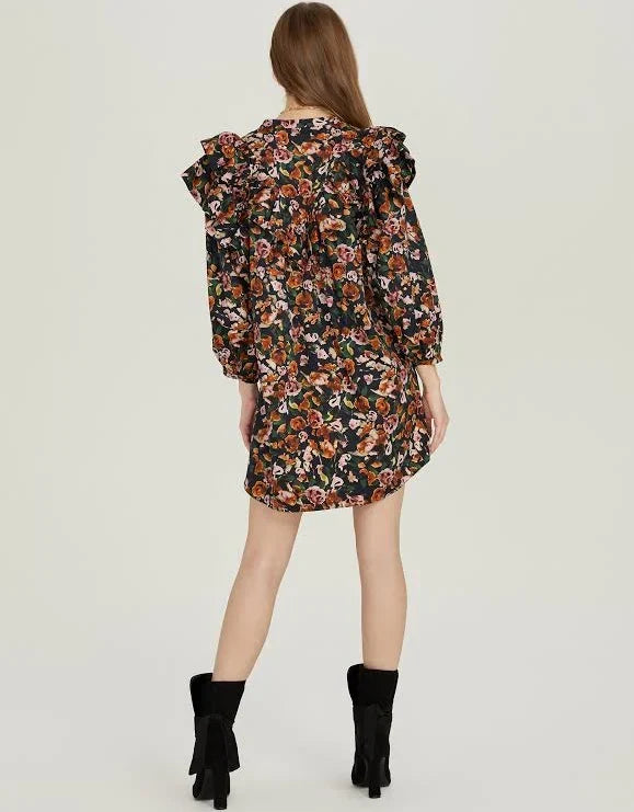 Floral Ruffle Button Up Dress - Black Combo