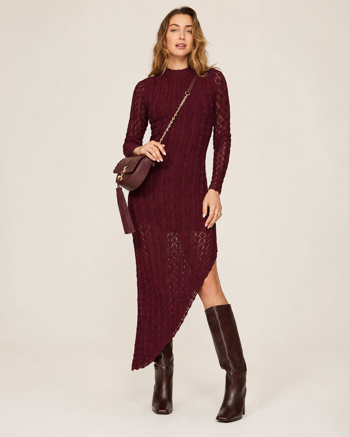 Mock Neck Asymmetrical Dress - Bordeaux