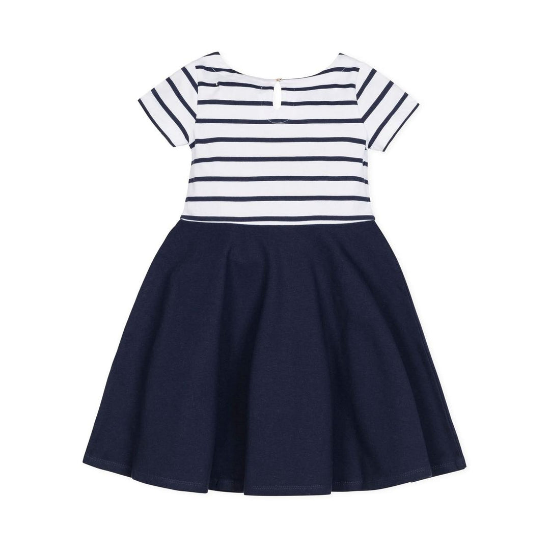 Short Sleeve Organic Knit Skater Dress - White and Navy Stripe