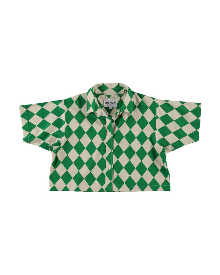 Hand Printed 'The Cami' Crop Shirt - Green And Beige Rhombus
