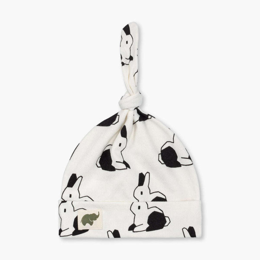 Top Knot Cap - Black + White Bunnies - 0-6m - Knot Hat