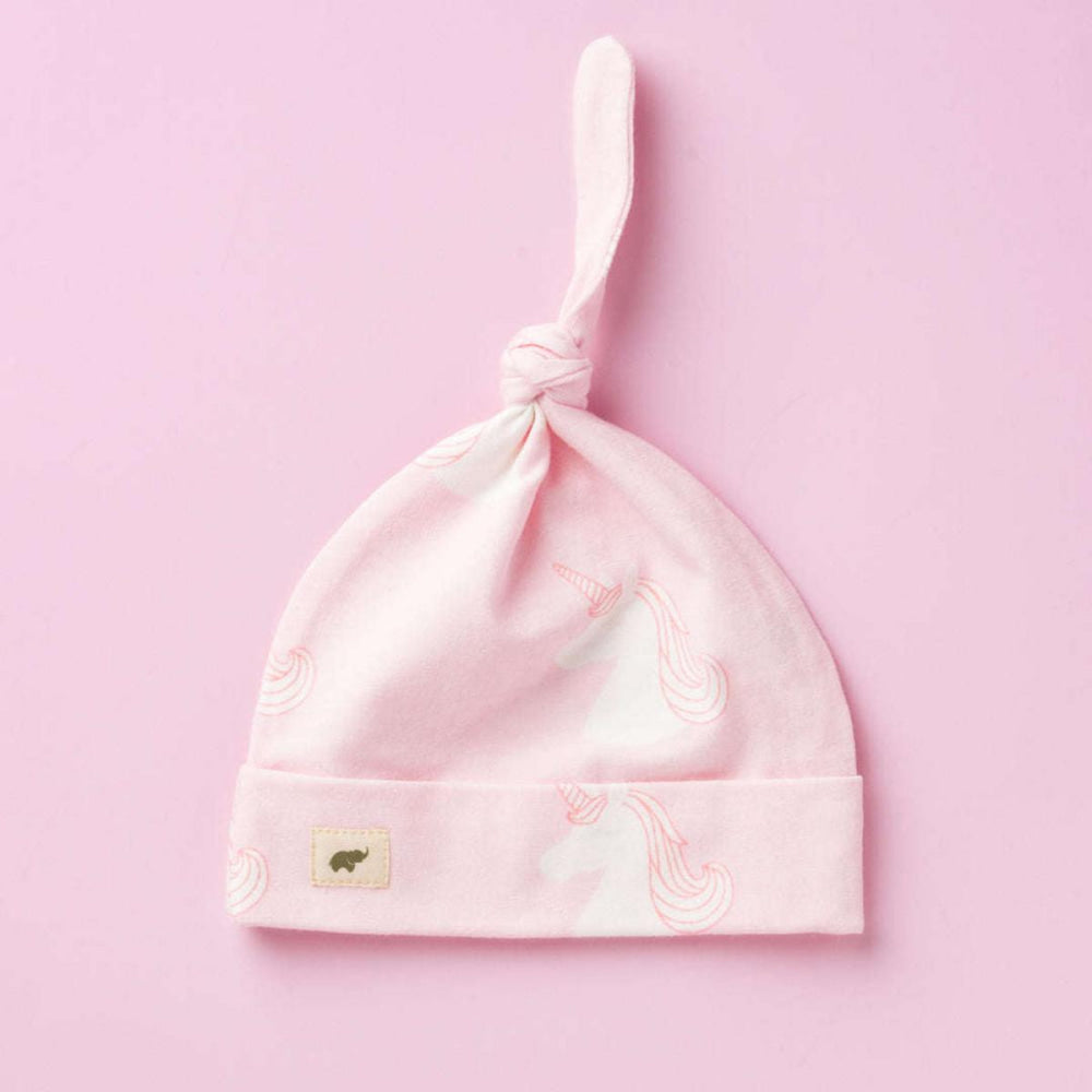 Top Knot Cap - Pink Winking Unicorn - 0-6m - Knot Hat
