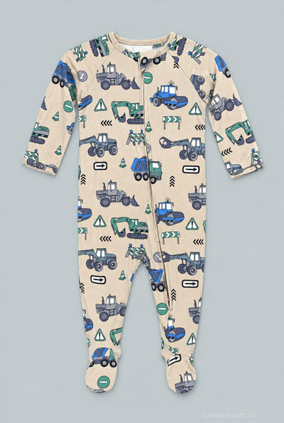 Trucks Diggers Construction Zipper Footie - Construction Site - Onesie