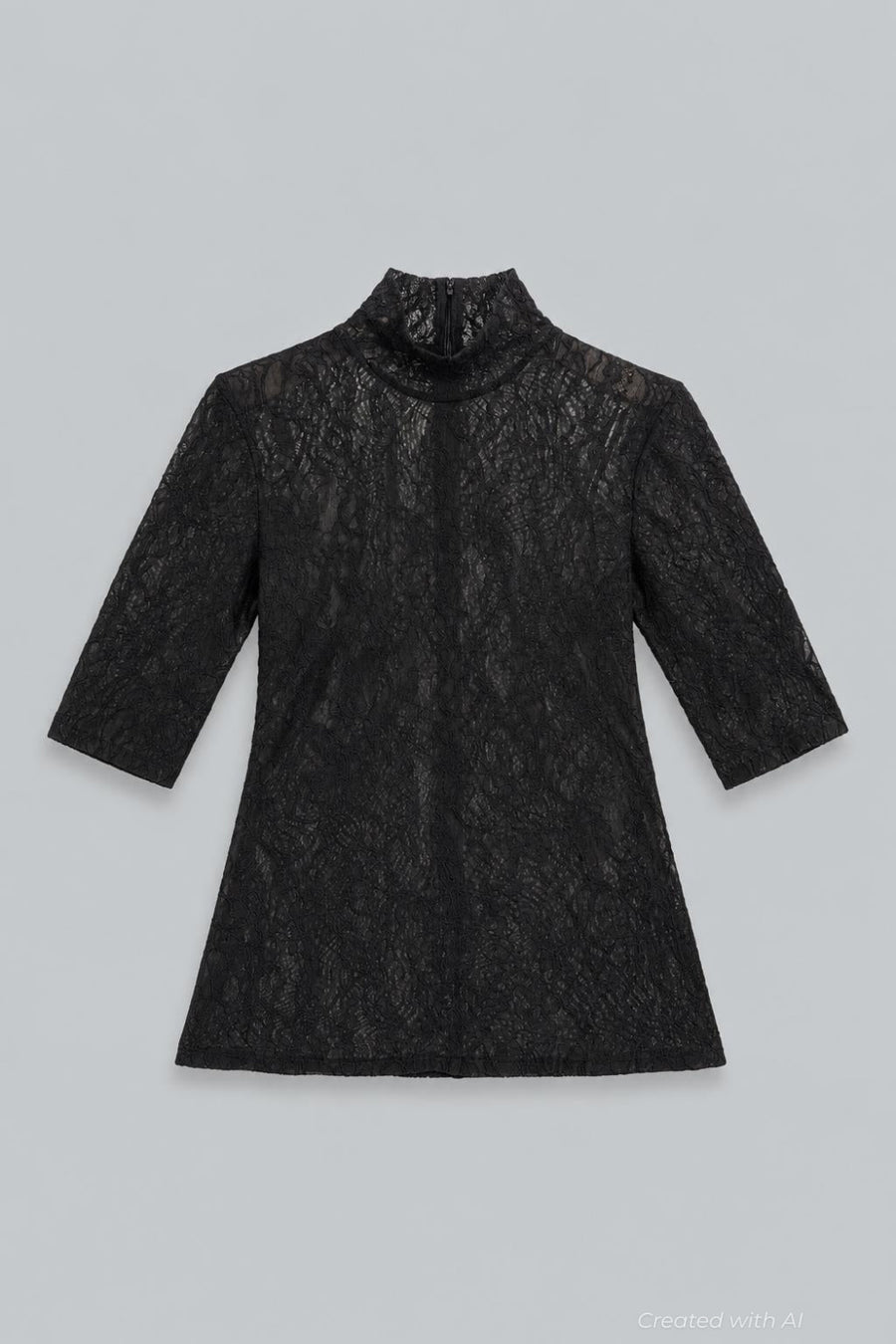 Turtleneck Lace 3/4 Sleeve Top - Black - Turtleneck