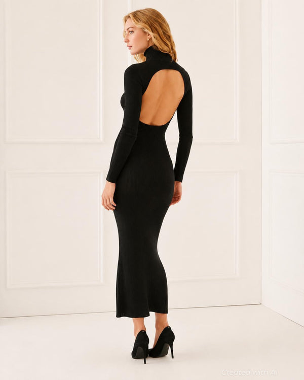 Turtleneck Open Back Sweater Dress - Black - Dresses