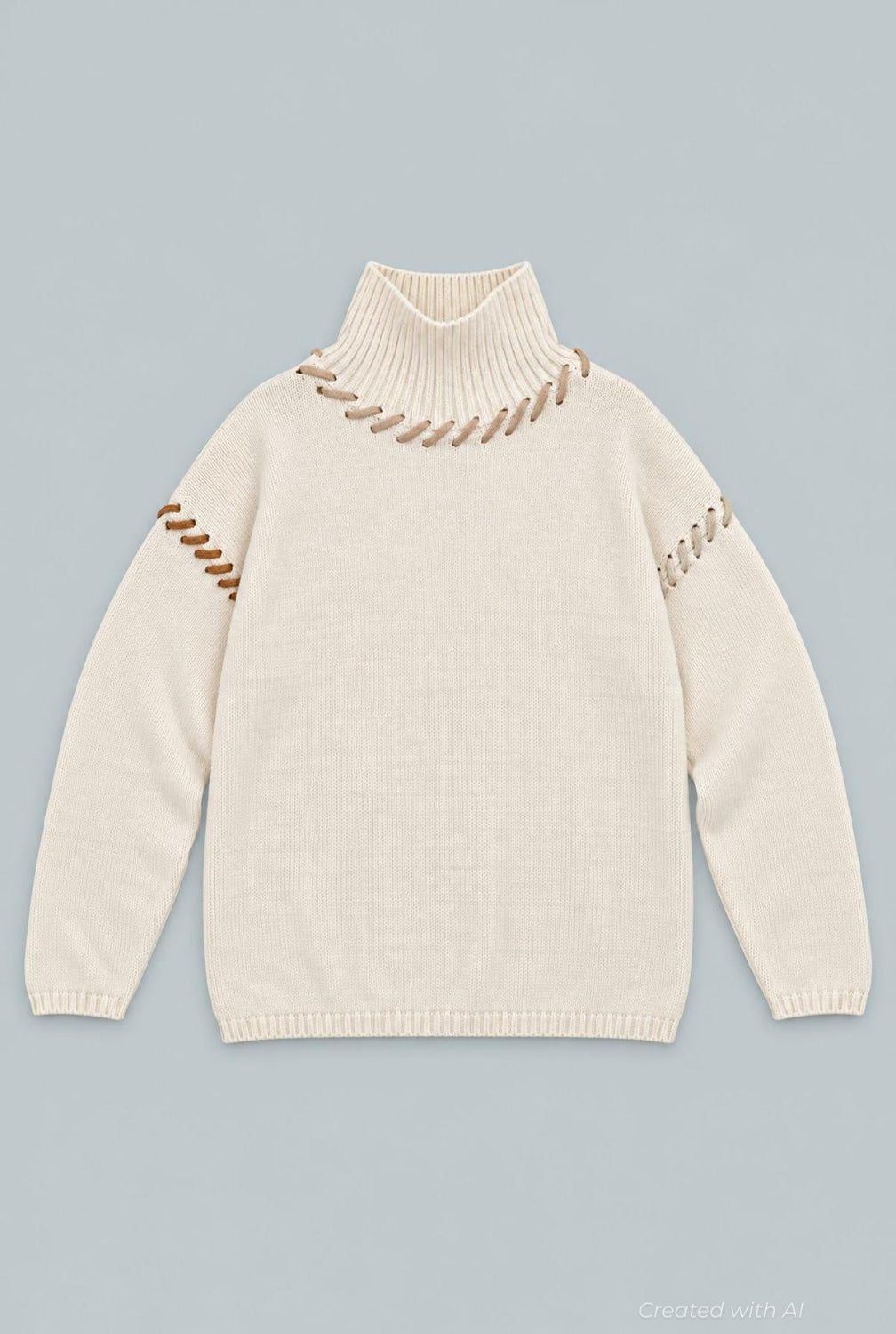 Turtleneck Sweater With Stitching Details - Ivory - Turtleneck