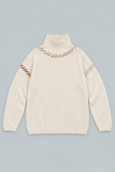 Turtleneck Sweater With Stitching Details - Ivory - Turtleneck