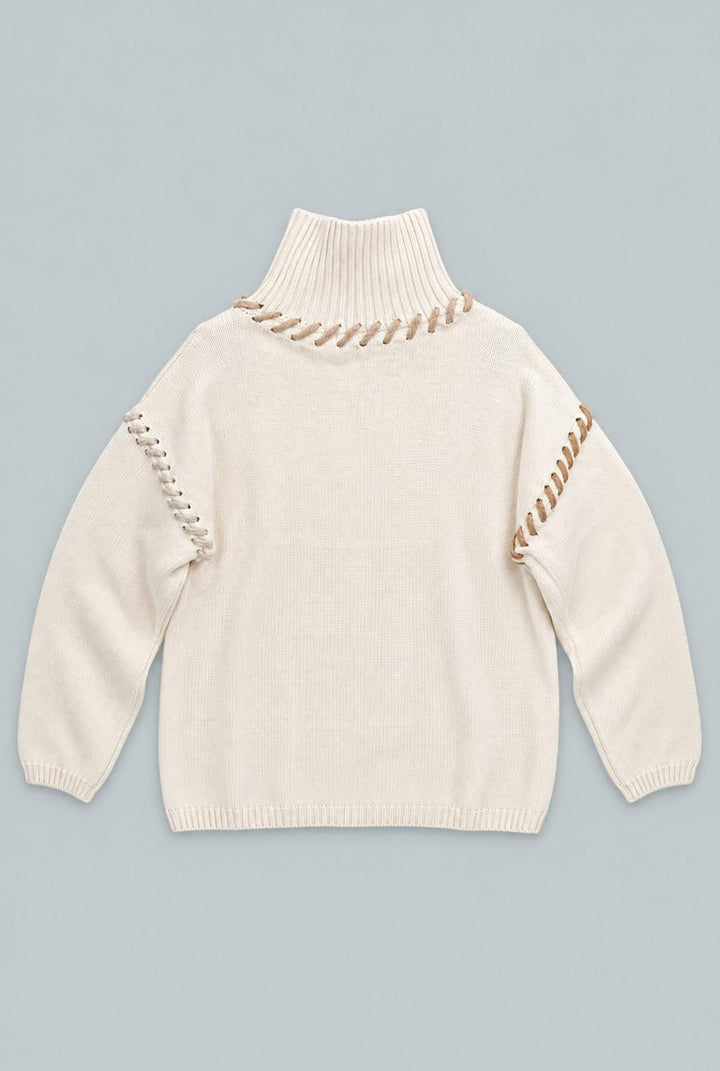 Turtleneck Sweater With Stitching Details - Ivory - Turtleneck