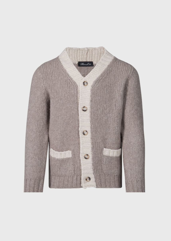 Two Tone Cashmere Cardigan Sweater - Brown - Cardigan