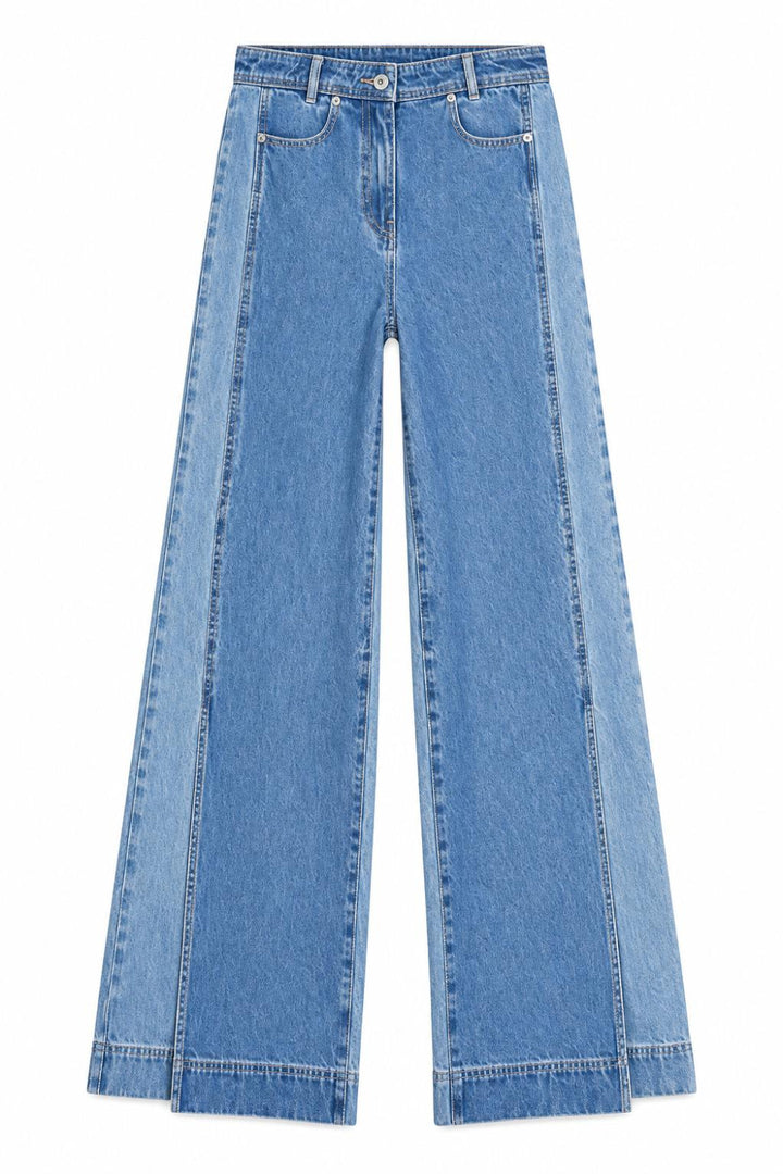 Two-Toned Wide Leg Denim With Slits - Medium Blue - Jeans