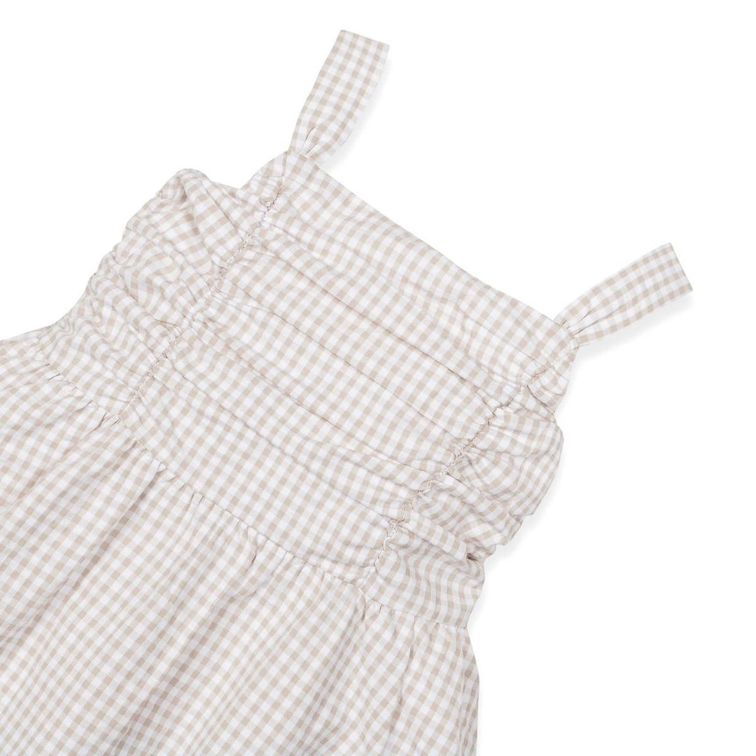Organic Ruched Bodice Party Dress - Taupe Gingham Seersucker