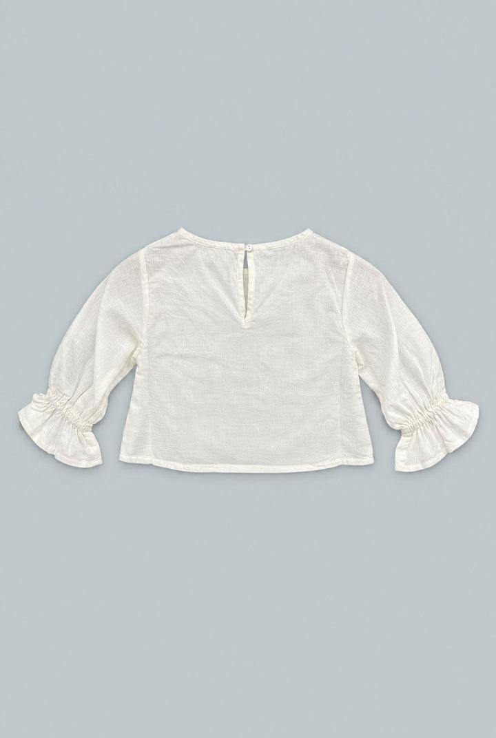 Kid's Cropped Embroidered Blouse With Cinched Sleeves - Ivory