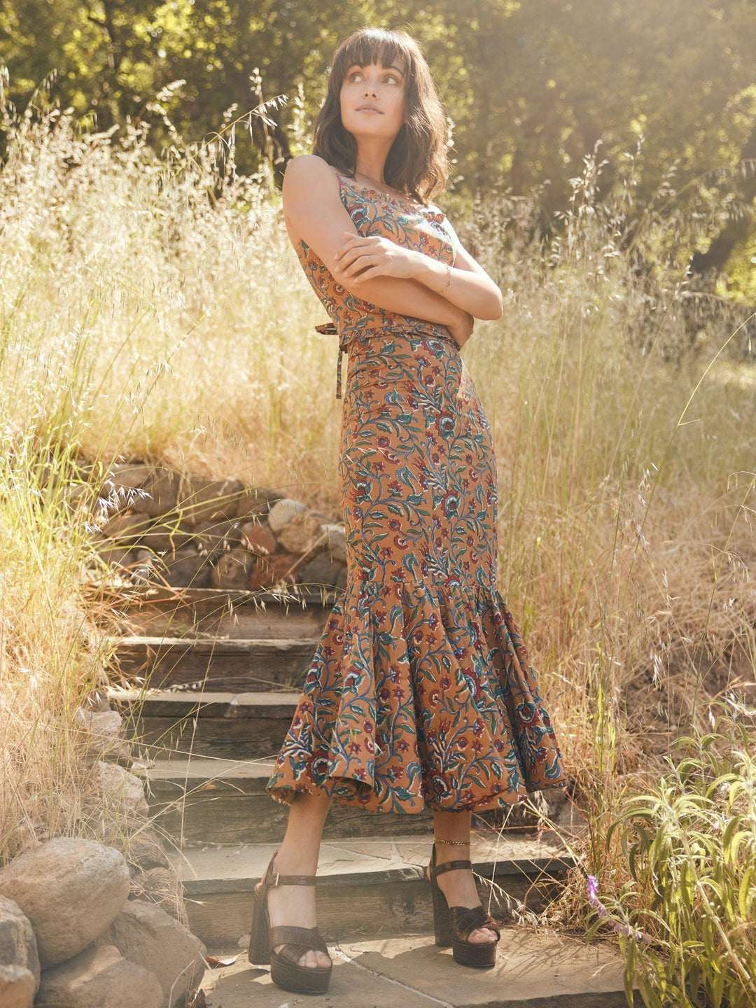 Patsy Fluted Pencil Skirt - Tawny/Multicolor Floral print