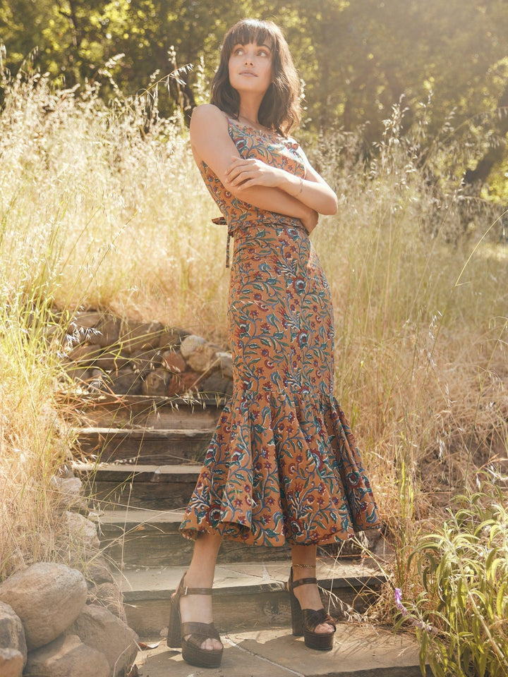 Patsy Fluted Pencil Skirt - Tawny/Multicolor Floral print