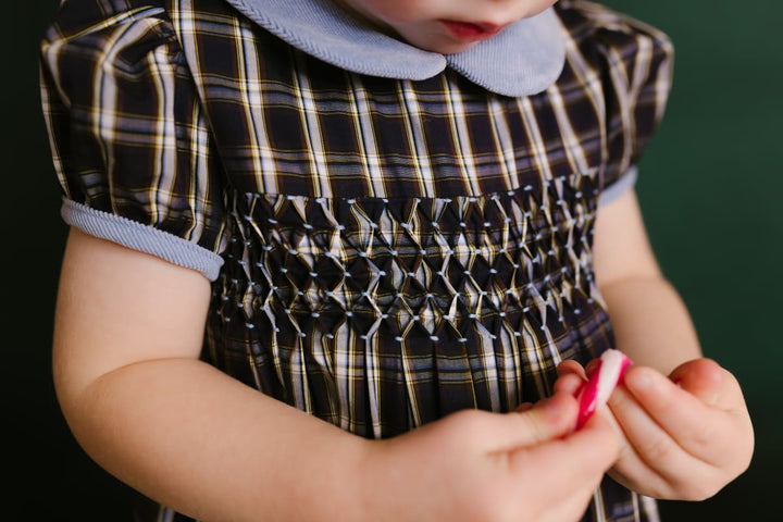 Angelica Navy Tartan Short Sleeve Smocked Bubble - Checkered/Plaid/Blue