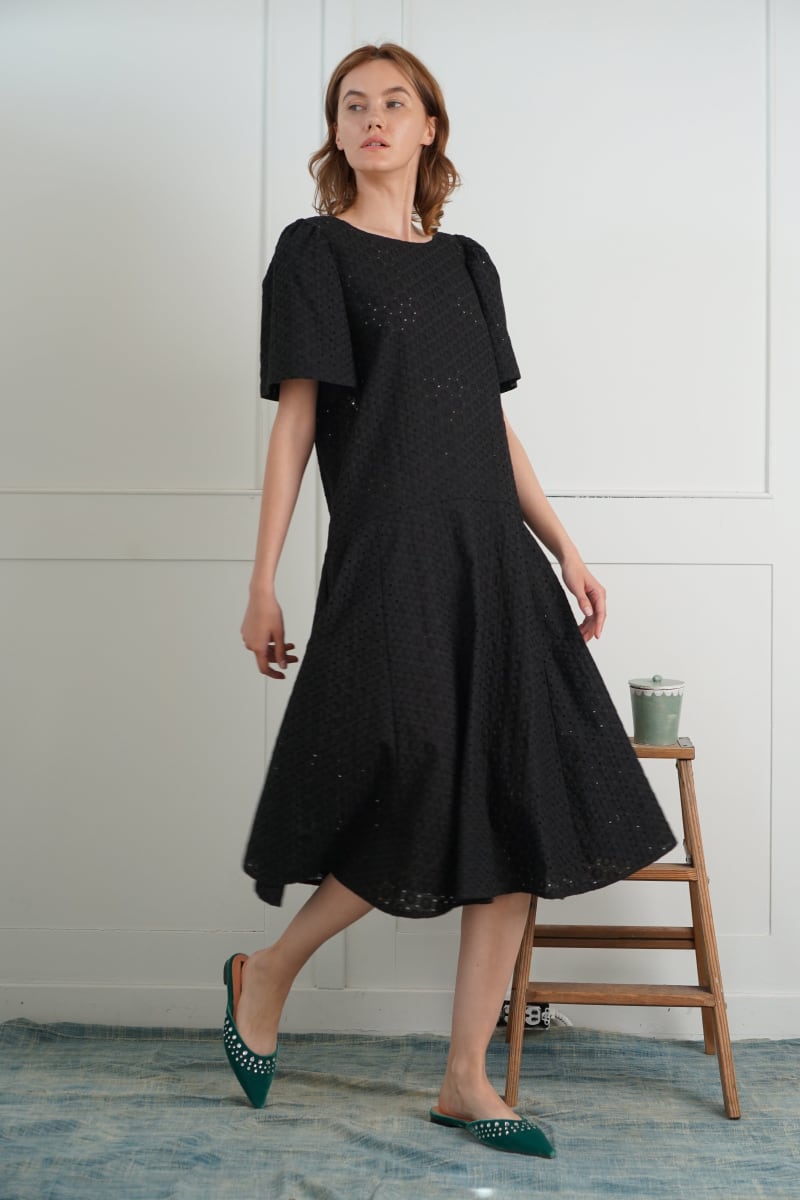 Embroidered Cotton Chloe Dress - Black