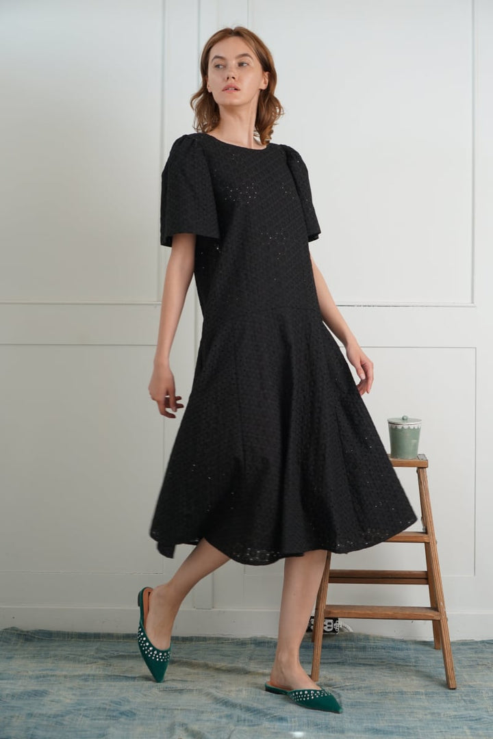 Embroidered Cotton Chloe Dress - Black
