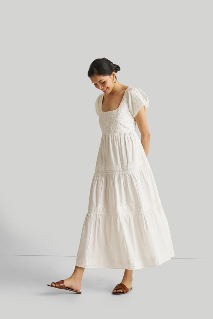 Puff Sleeve Embroidered Tiered Dress - Coconut White