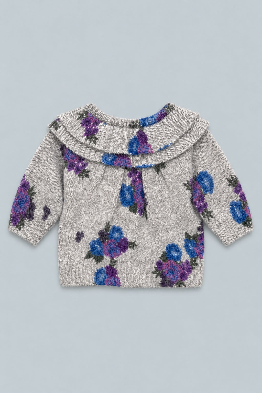Kids Floral Ruffle Neck Sweater - Gray Blue