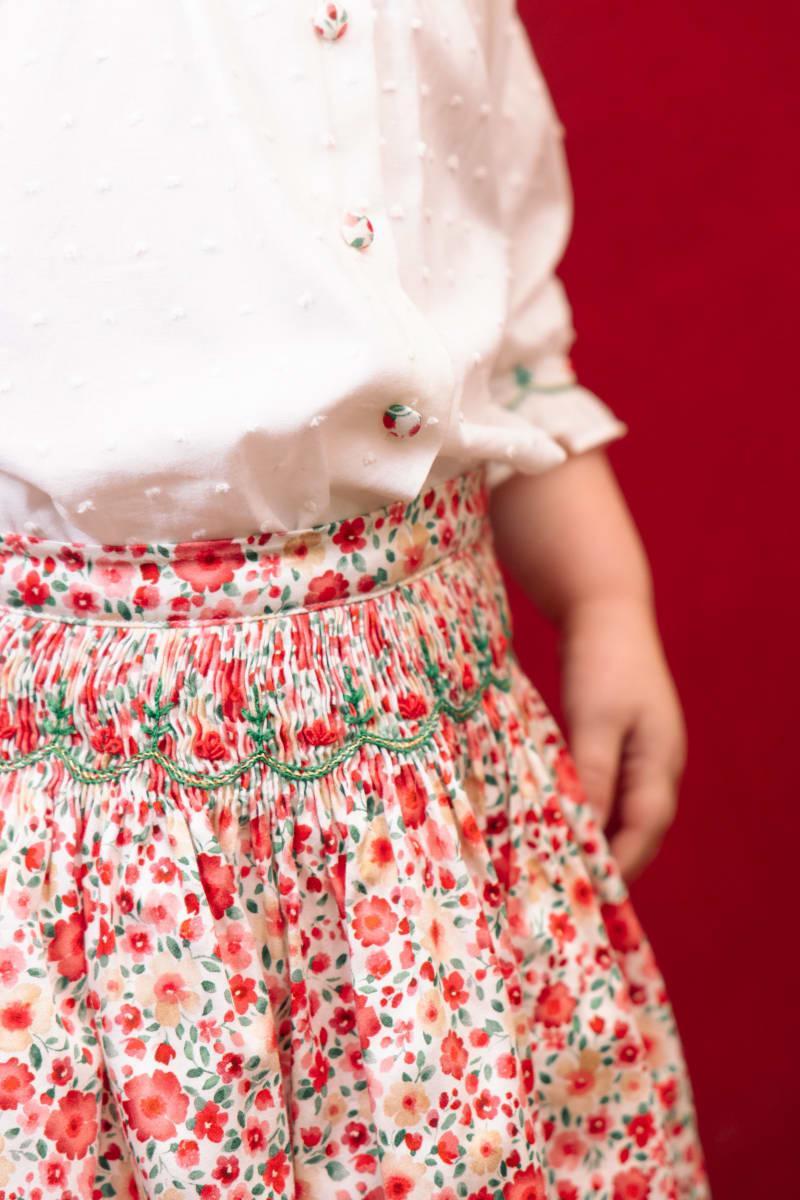 Marie Smocked Skirt And Blouse Set - Red/Floral/White