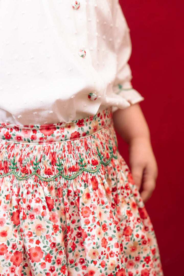 Marie Smocked Skirt And Blouse Set - Red/Floral/White
