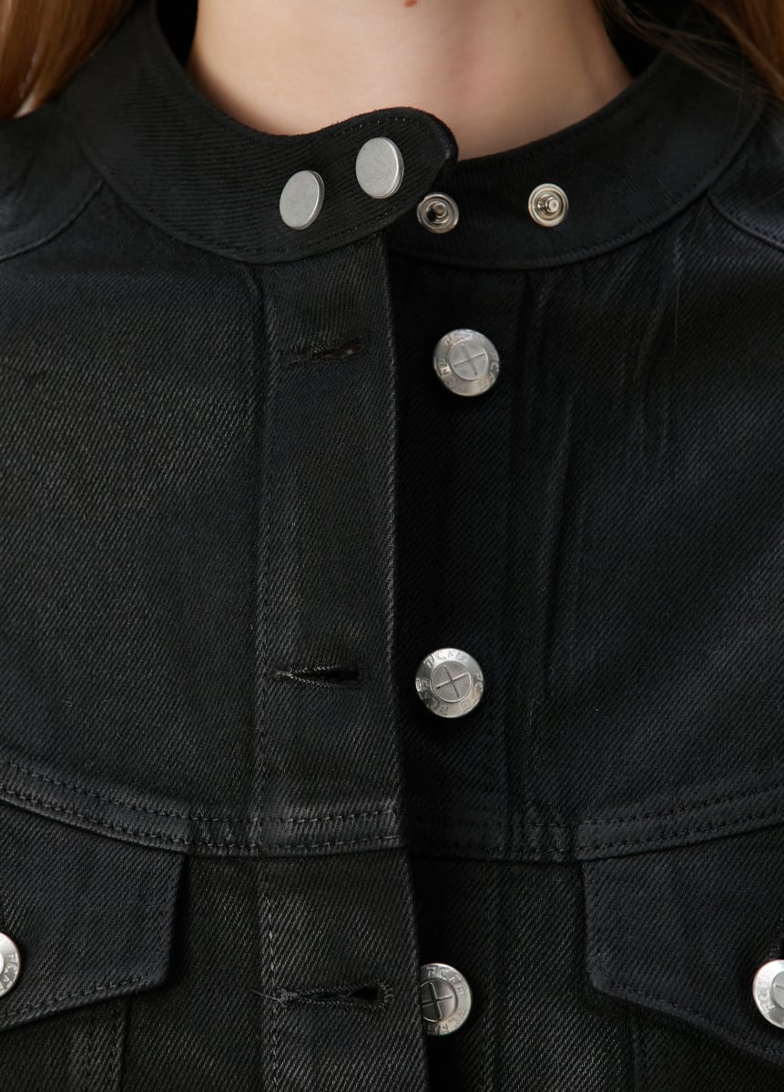 Pure Cotton Shiny Coated Women Denim Jacket - Black