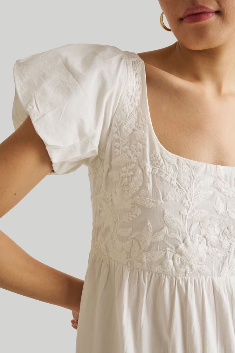 Puff Sleeve Embroidered Tiered Dress - Coconut White