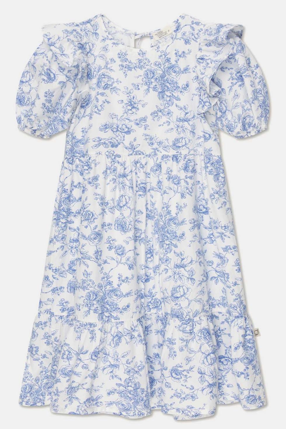 Cotton Floral Ruffle Dress - Ivory/Blue