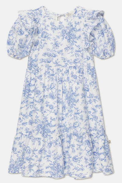 Cotton Floral Ruffle Dress - Ivory/Blue