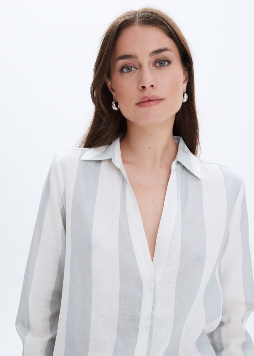 Striped Frida Linen Button Up Shirt - Limestone