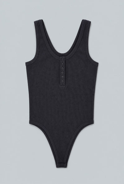 Ribbed Henley Tank Bodysuit - Black