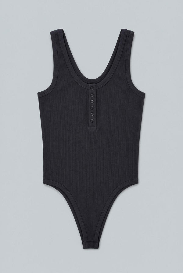 Ribbed Henley Tank Bodysuit - Black