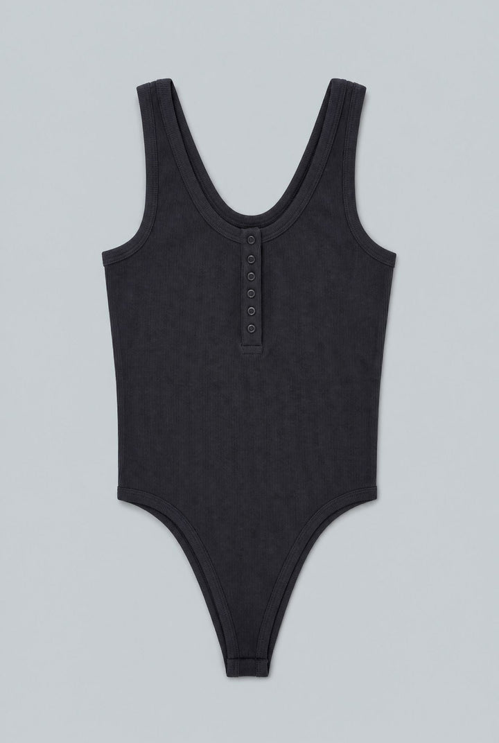Ribbed Henley Tank Bodysuit - Black