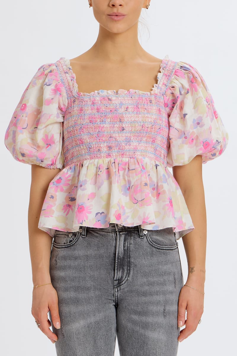 Floral Smocked Puff Shoulder Top - Pastel/Multi