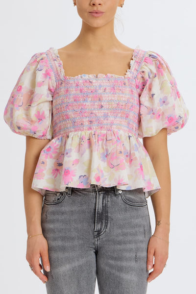 Floral Smocked Puff Shoulder Top - Pastel/Multi