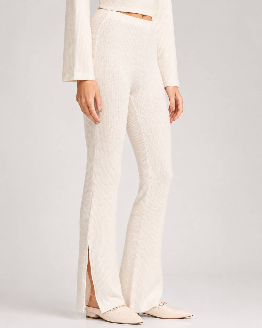 Ribbed Textured Flare Pants With Slits - Ivory