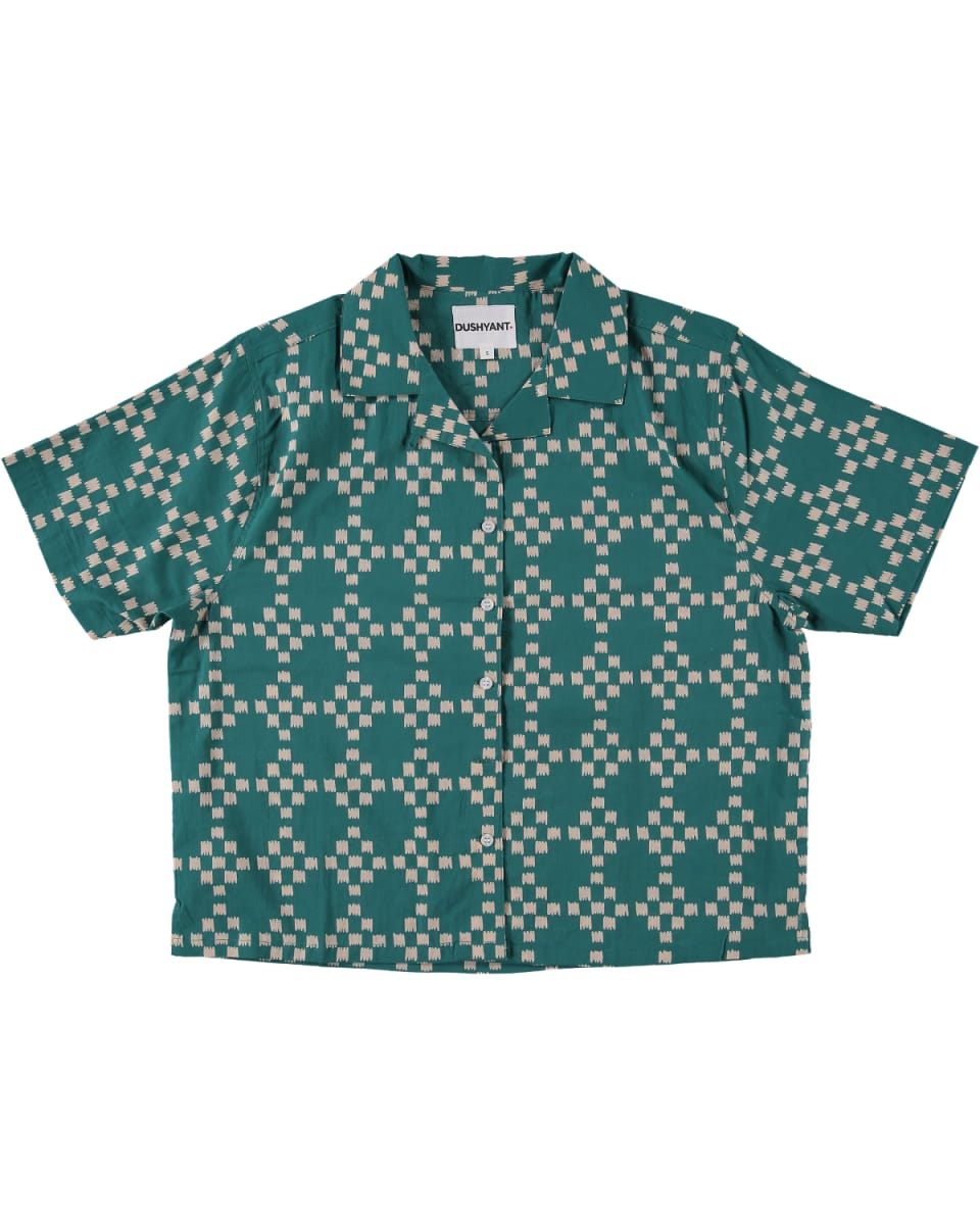 Hand Printed Camp Collar 'The Violet' Shirt - Green And White Squares