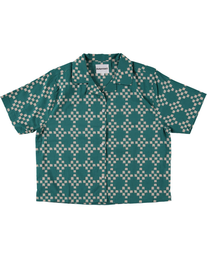 Hand Printed Camp Collar 'The Violet' Shirt - Green And White Squares