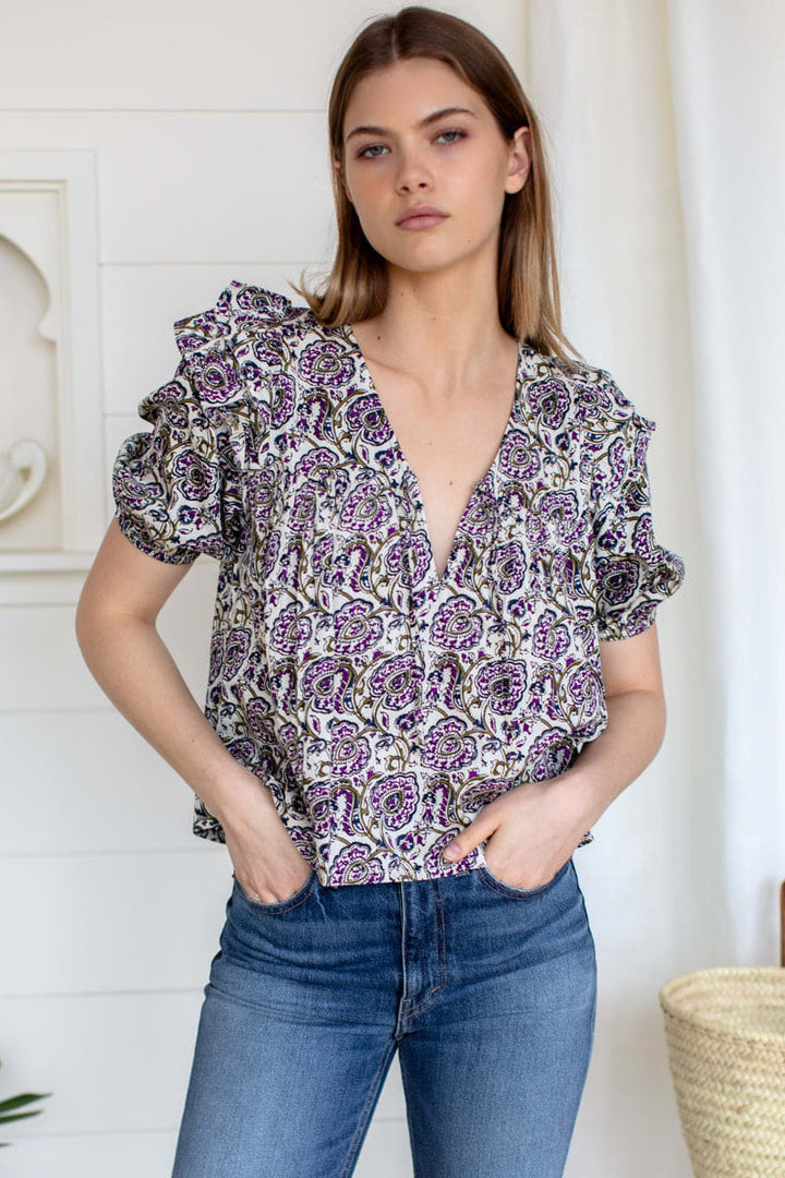 Frill V Isla Top - Aubergine Vines