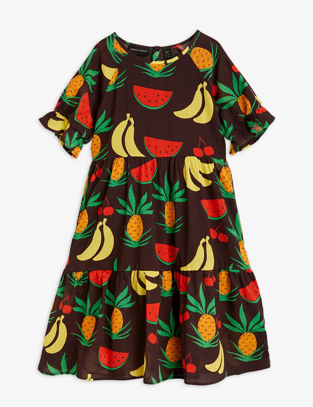 Fruits Aop Woven Ss Dress - Brown