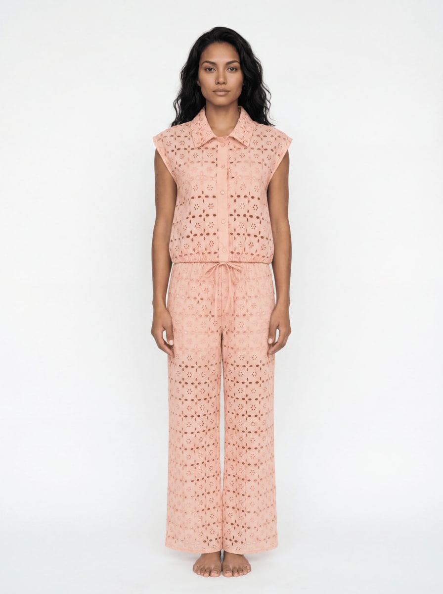 Mattie Broderie Sleeveless Drawstring Shirt - Blush Pink
