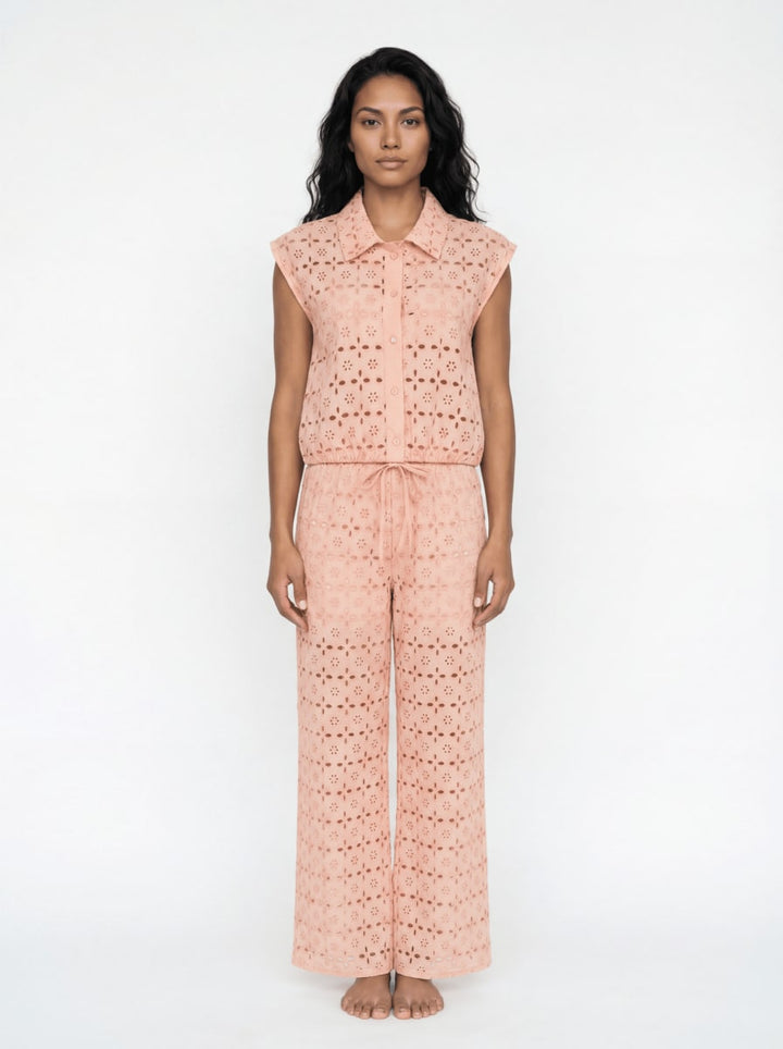 Mattie Broderie Sleeveless Drawstring Shirt - Blush Pink