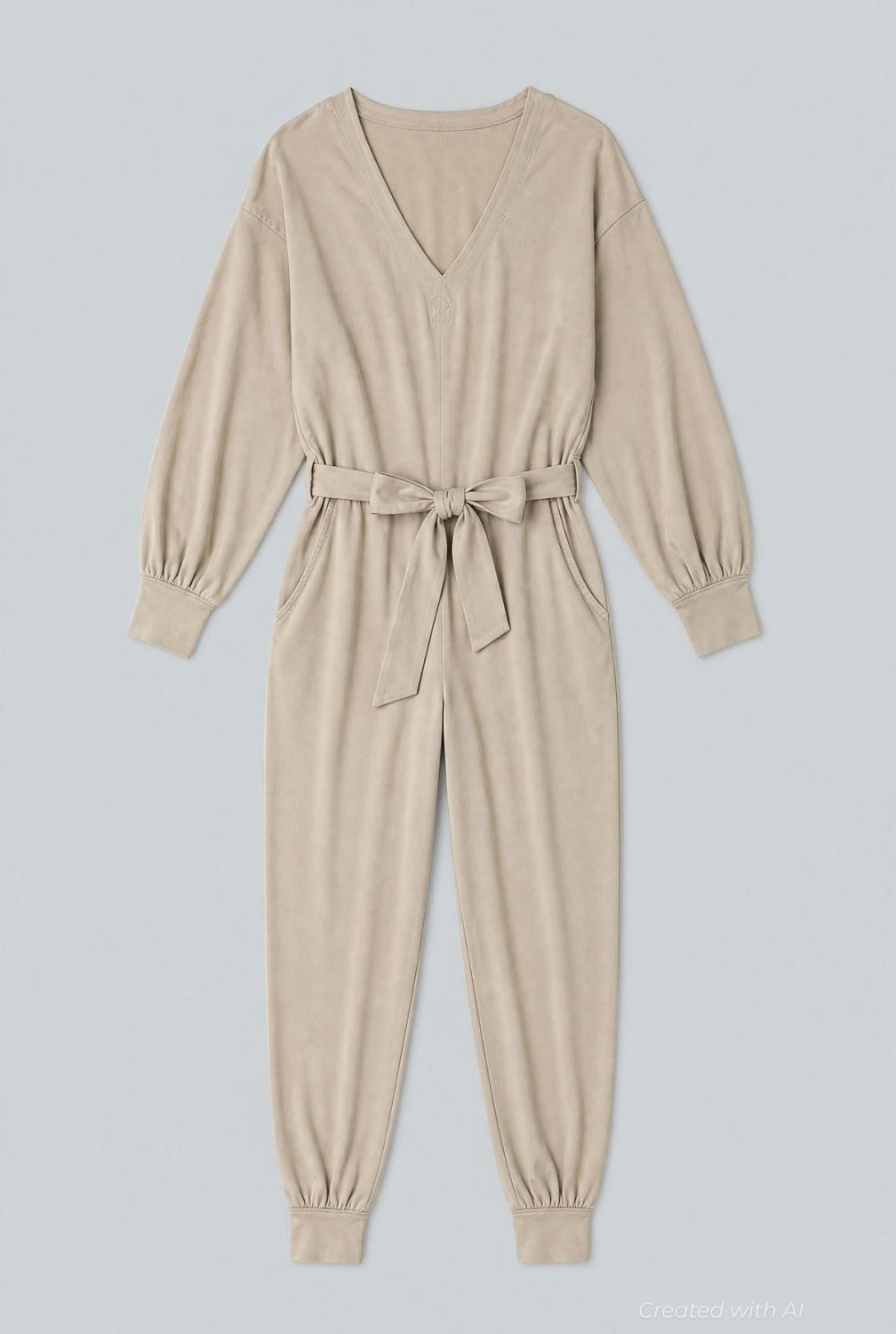 V- Neck Long Sleeve Jumpsuit - Ivory - Jumpsuit