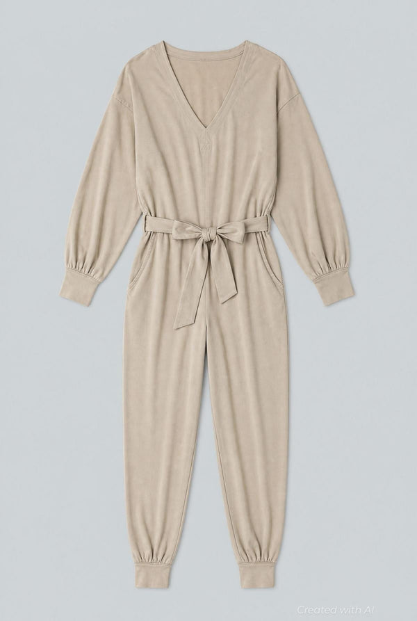 V- Neck Long Sleeve Jumpsuit - Ivory - Jumpsuit