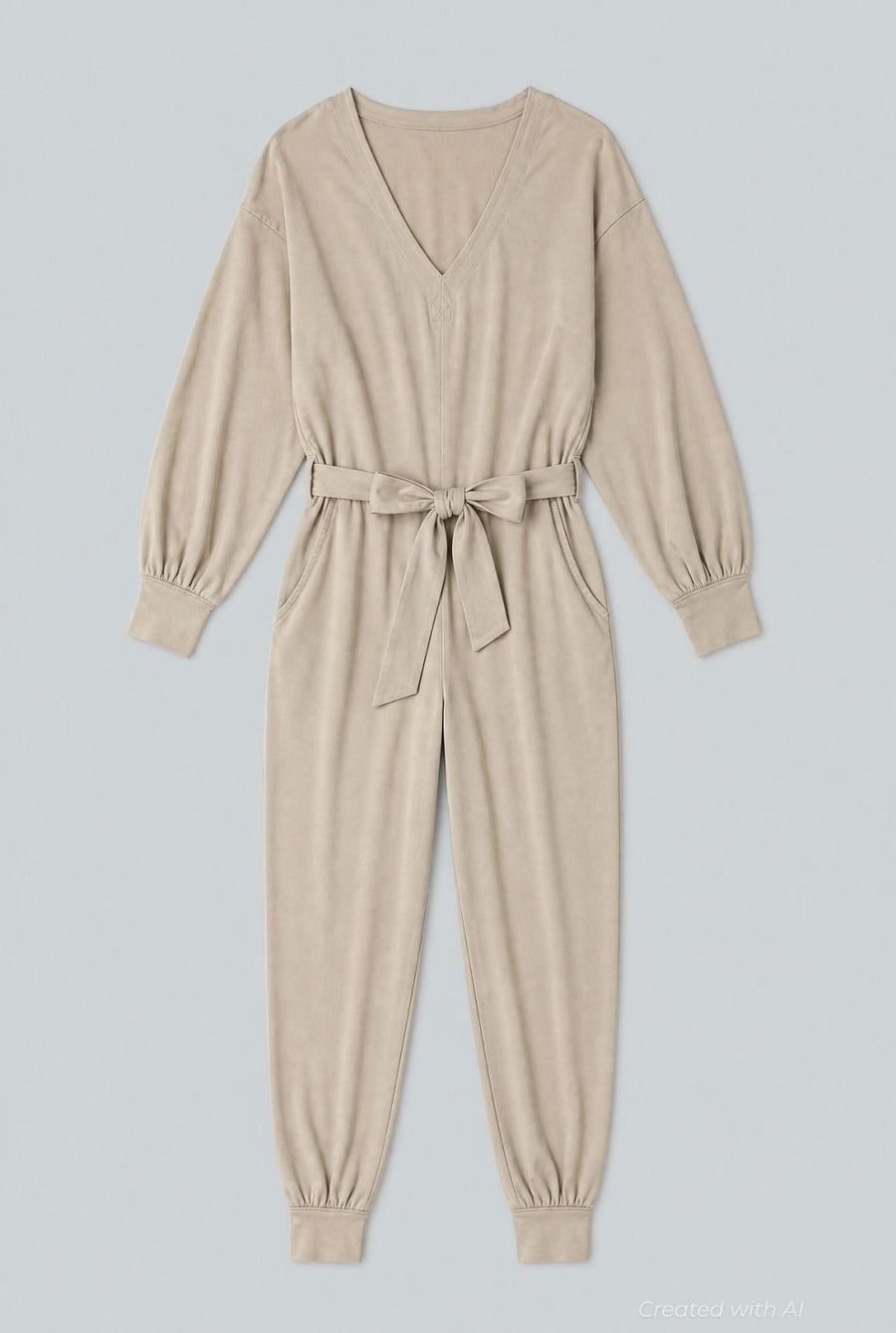 V- Neck Long Sleeve Jumpsuit - Ivory - Jumpsuit