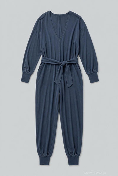 V- Neck Long Sleeve Jumpsuit - Navy - Jumpsuit
