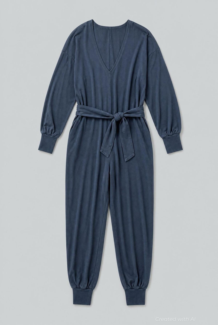 V- Neck Long Sleeve Jumpsuit - Navy - Jumpsuit