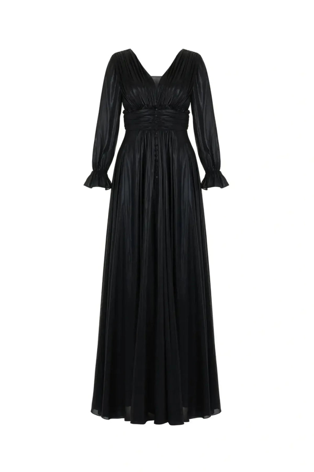 V-Neck Ruched Long Dress - Black - S - Dresses