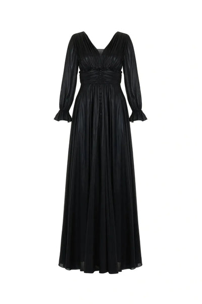 V-Neck Ruched Long Dress - Black - S - Dresses